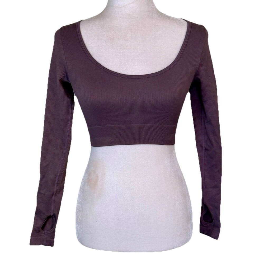 Women’s Brown Ribbed Long Sleeve Crop Top Scoop Neck Thumbholes Athleisure Sz Sm